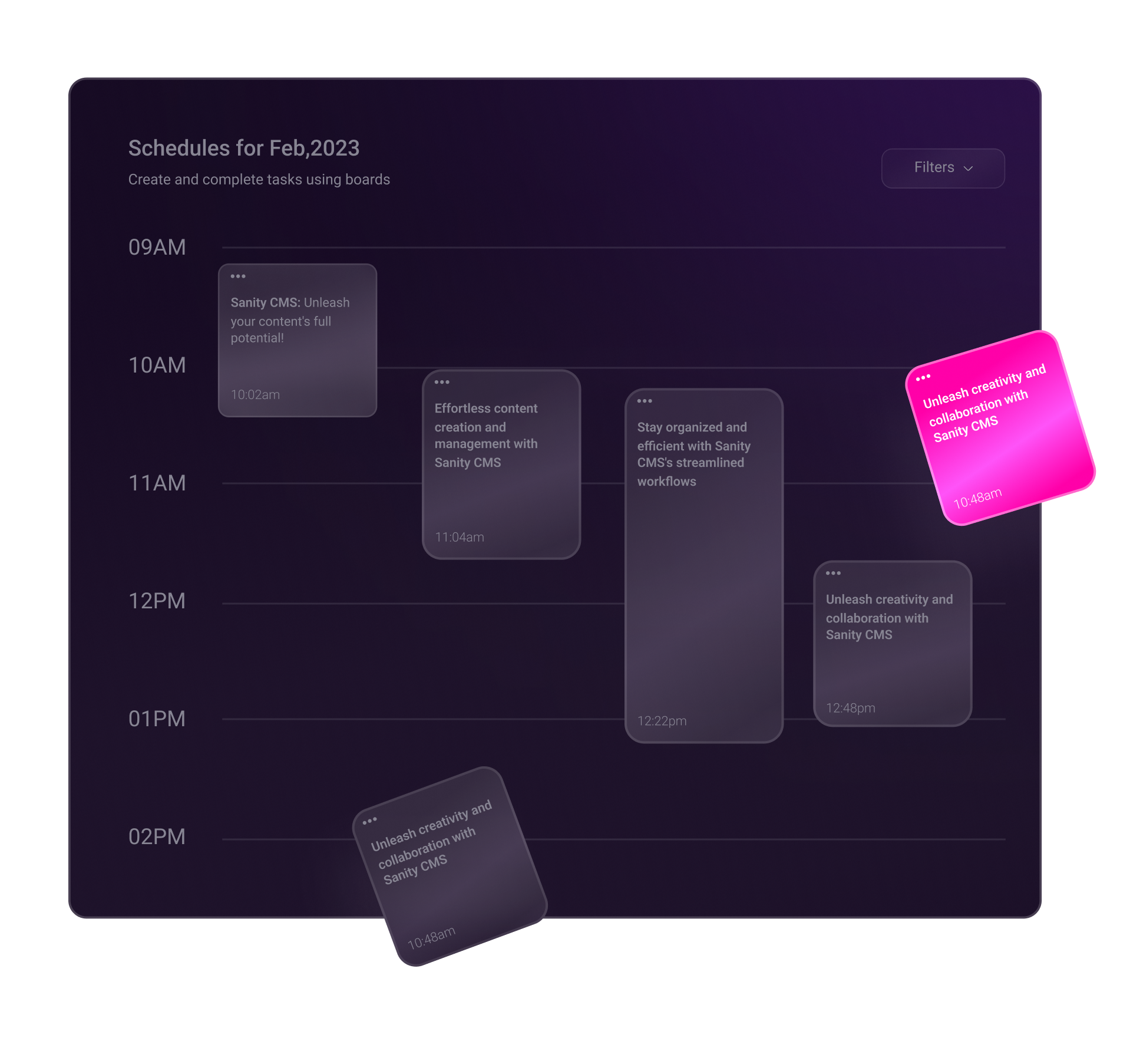 Content scheduling, and automation, cards being shifted on a calendar